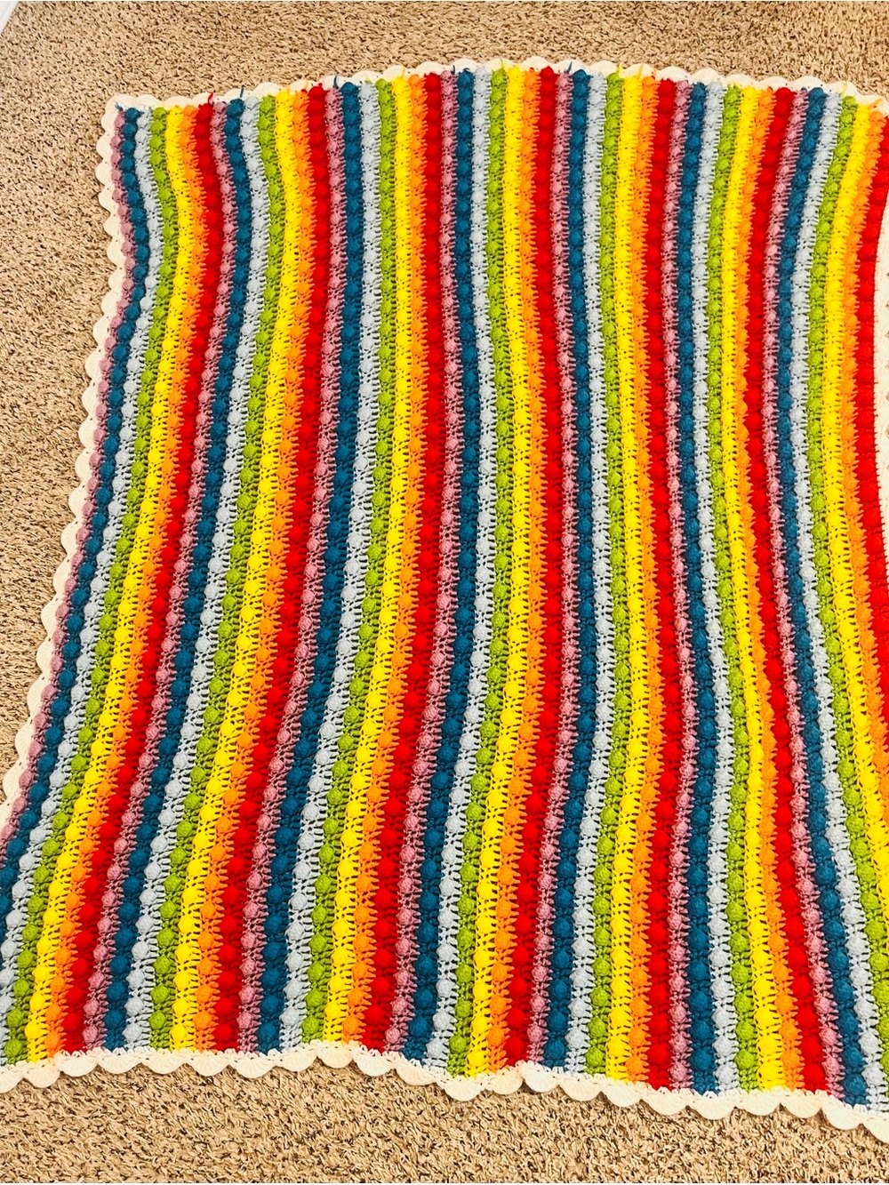 handmade, vintage-style crochet afghan Rainbow colorful sharktooth stripes 58x47